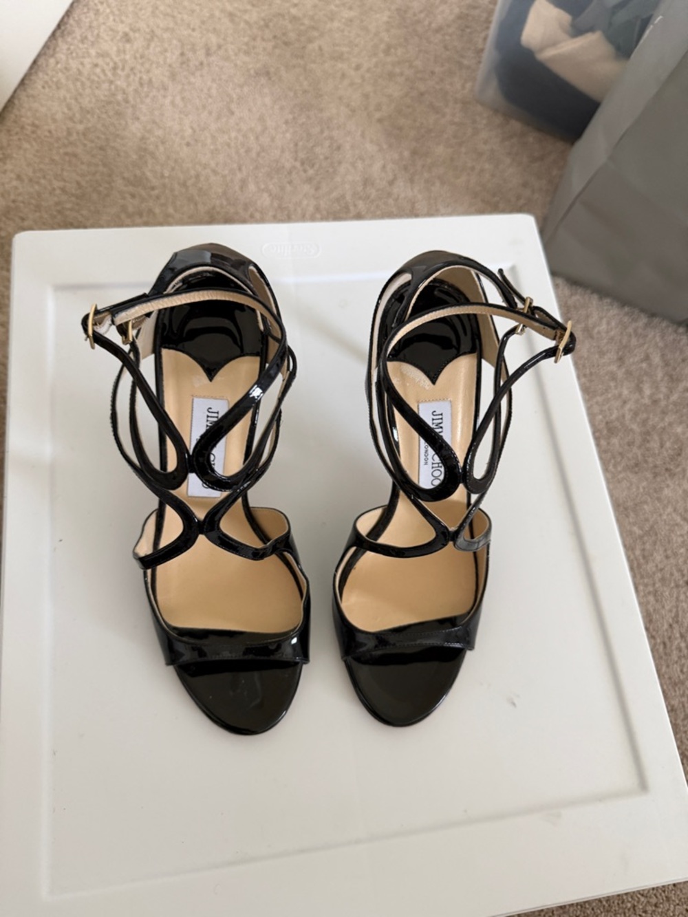 Jimmy Choo Black Patent Strappy Stiletto Heels